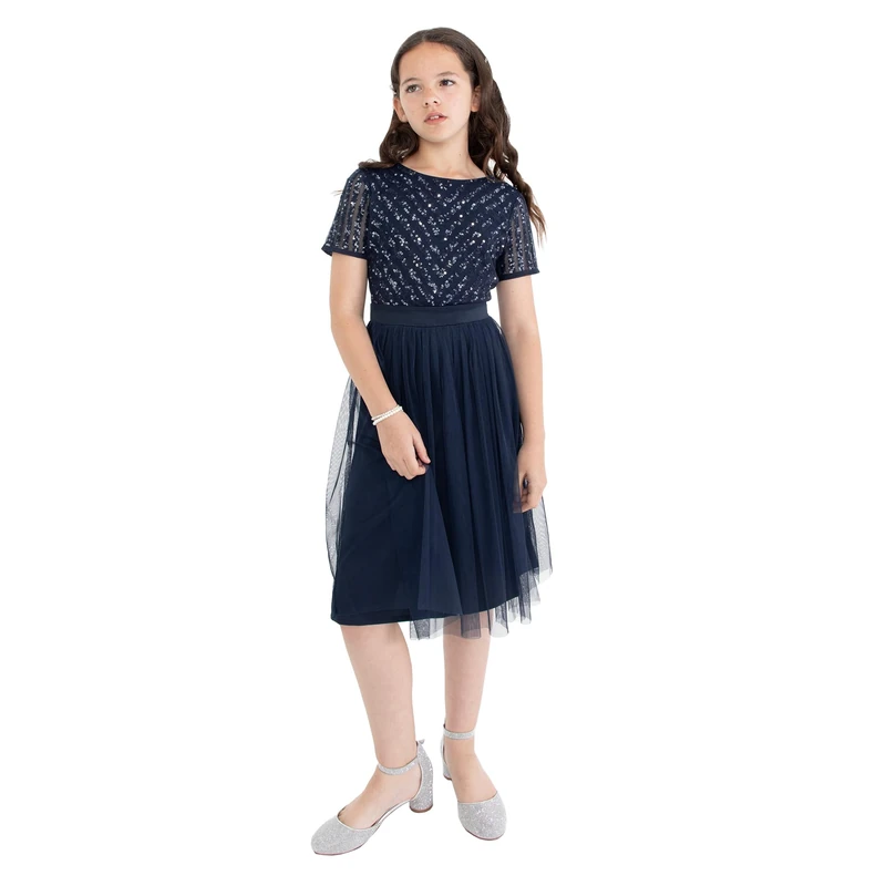 Maya Deluxe Girl's Midi Dress for Wedding with Sequin Embellishment Short Sleeve Prom Birthday Party Bridesmaid, Navy, 9-10 Years PL1-1463