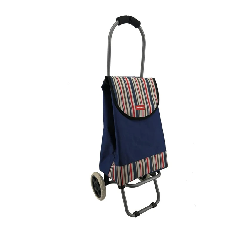 Casa&Casa Blue Stripe Shopping Trolley on Wheels | 45L Huge Capacity | Elegant and Foldable Shopping Cart for Groceries|2 Wheel| Thermal Liner | Bespoke Designs
