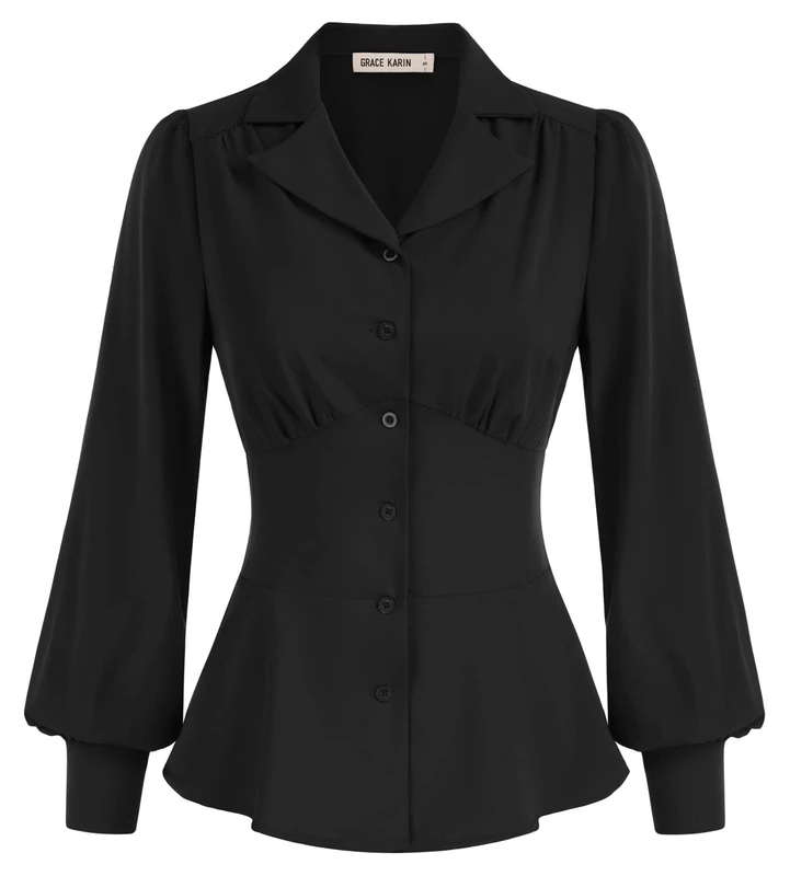 GRACE KARIN Button Down Shirts for Women Fall Peplum Tops Long Sleeve Work Blouse Collared Shirt Dressy Top, Black, S