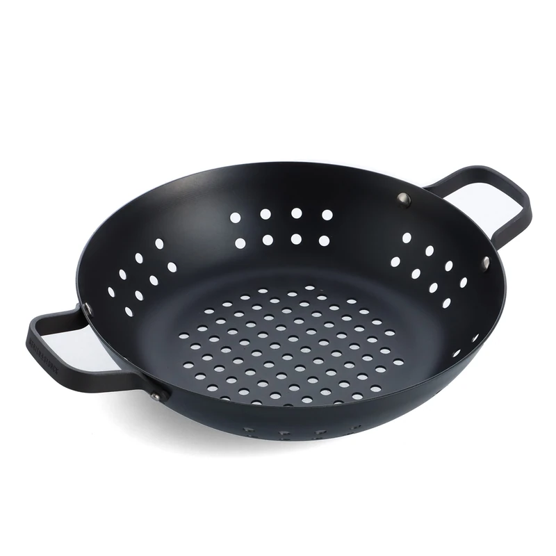 Merten & Storck Carbon Steel BBQ Perforated Wok Pan 30cm, Perforations for Oil and Fat Drainage, Barbecue, Camping, Grill, Outdoor Cooking, Black