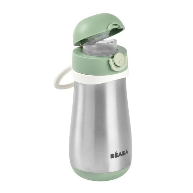 Béaba Stainless Steel Water Bottle for Kids, 2 in 1 Water Bottle/Glass, Push Button Easy Opening, Durable, Healthy, Removable Handles, Stainless Steel, 350ml, Sage Green