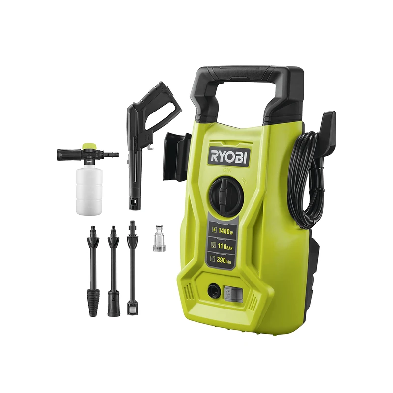 RYOBI RY110PWA 1400 W Electric Pressure Washer, 110 Bar Pressure, 390 l/h Flow Rate, 40° Water Temperature, Aluminium Pump, 5 m Hose, 5 m Cable, Cleaning Agent Bottle, Vario and Turbo Lance