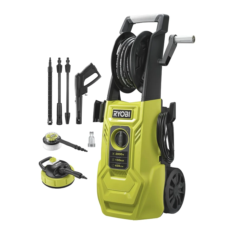 RYOBI RY150PWA 1800 W Electric Pressure Washer (150 Bar Pressure, 450 l/h Flow Rate, 40° Water Temperature, Aluminium Pump, 8 m Steel-Reinforced Hose, 5 m Cable, Vario and Turbo Lance, Surface