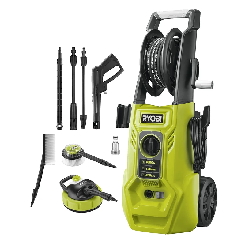 RYOBI RY140PWA-P 1800W Electric Pressure Washer 140 Bar 420L/H with Patio Cleaner Cleaner Tank Hose Reel