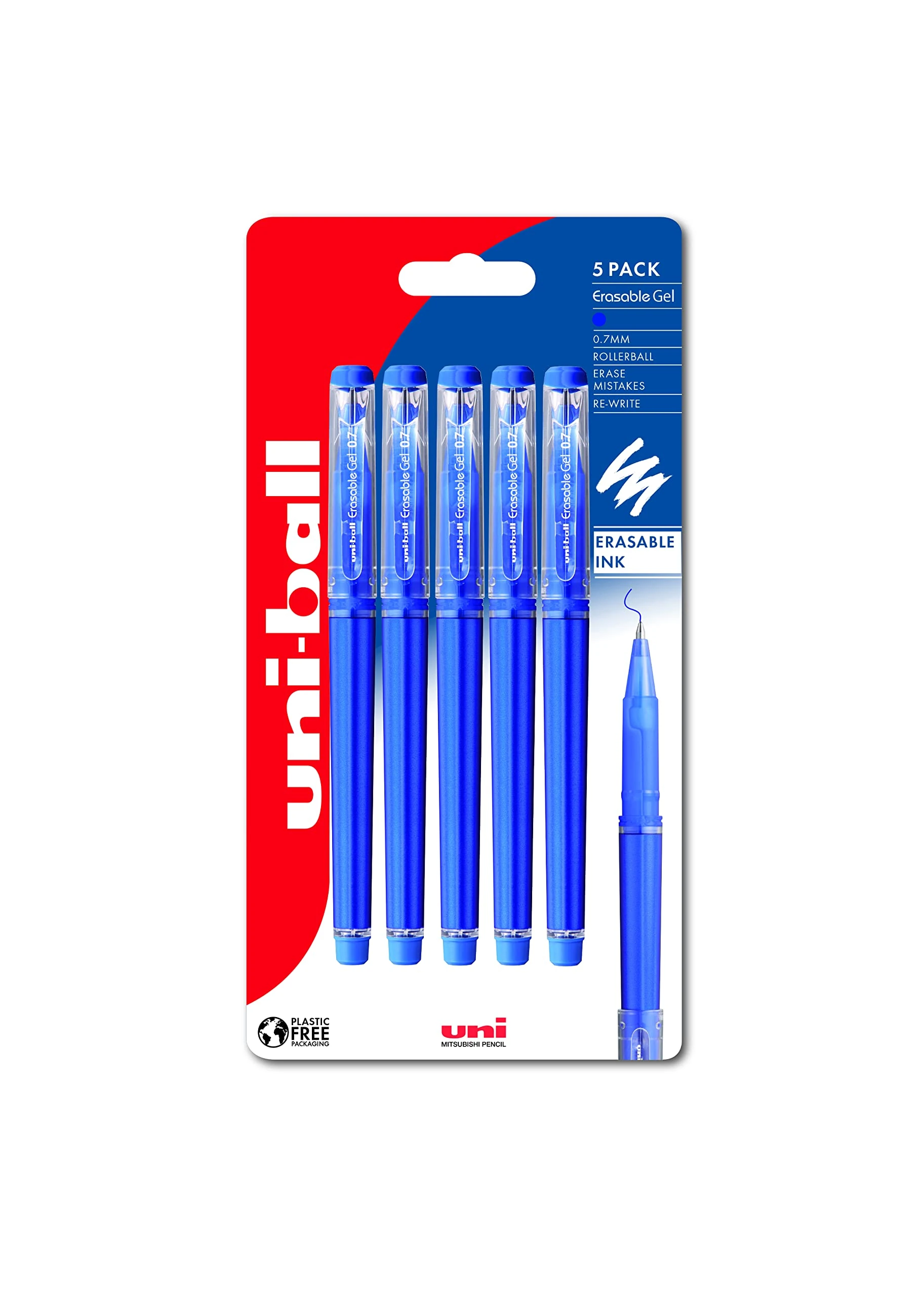 uni-ball UF-222-07 Erasable Rollerball Gel Pens. Premium 0.7mm Ballpoint Tip for Super Smooth Writing, Drawing & Colouring. Pack of 5 Blue