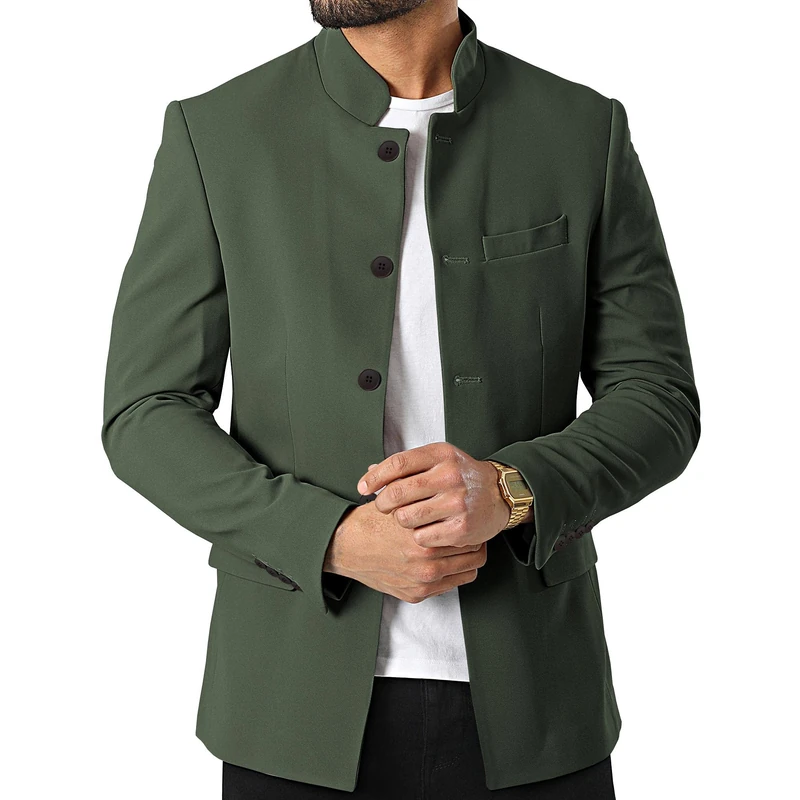 Mens Casual Suit Blazer Jackets Stand Mandarin Collar Lightweight Lined Business Dress Sport Coats, Dark Green, 3XL - Image 1