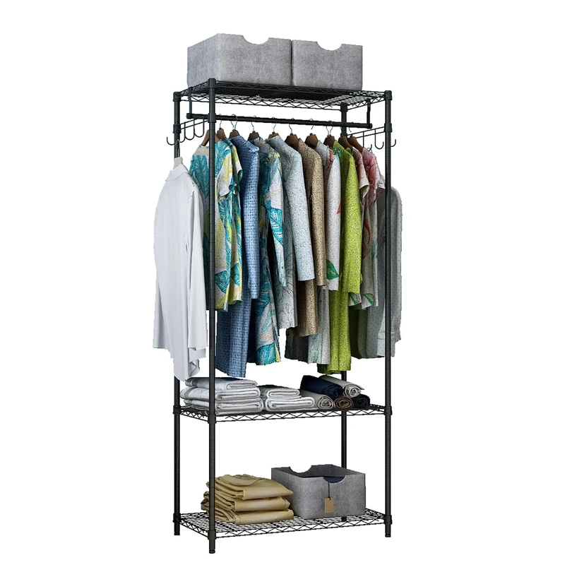Xiofio 3 Tiers Heavy Duty Clothing Rack, Metal Garment Rack Coat Rack, Clothes Rack with 2 Side Hooks,Hanging Adjustable Garment Rack for Bedroom Living Room Laundry Room Balcony Garden,Black