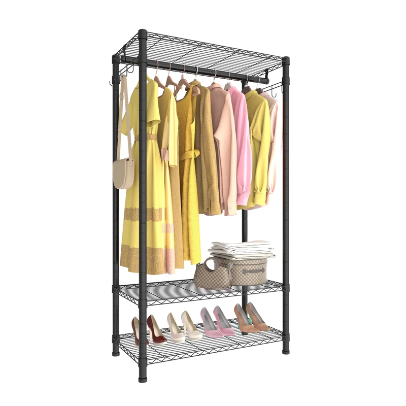 Xiofio 3 Tiers Heavy Duty Garment Rack, Metal Clothing Rack Coat Rack, Clothing Storage Organizer, Clothes Rack with 2 Side Hooks,Hanging Adjustable Garment Rack,29.1" L x 15.7" W x 76.3" H,Black
