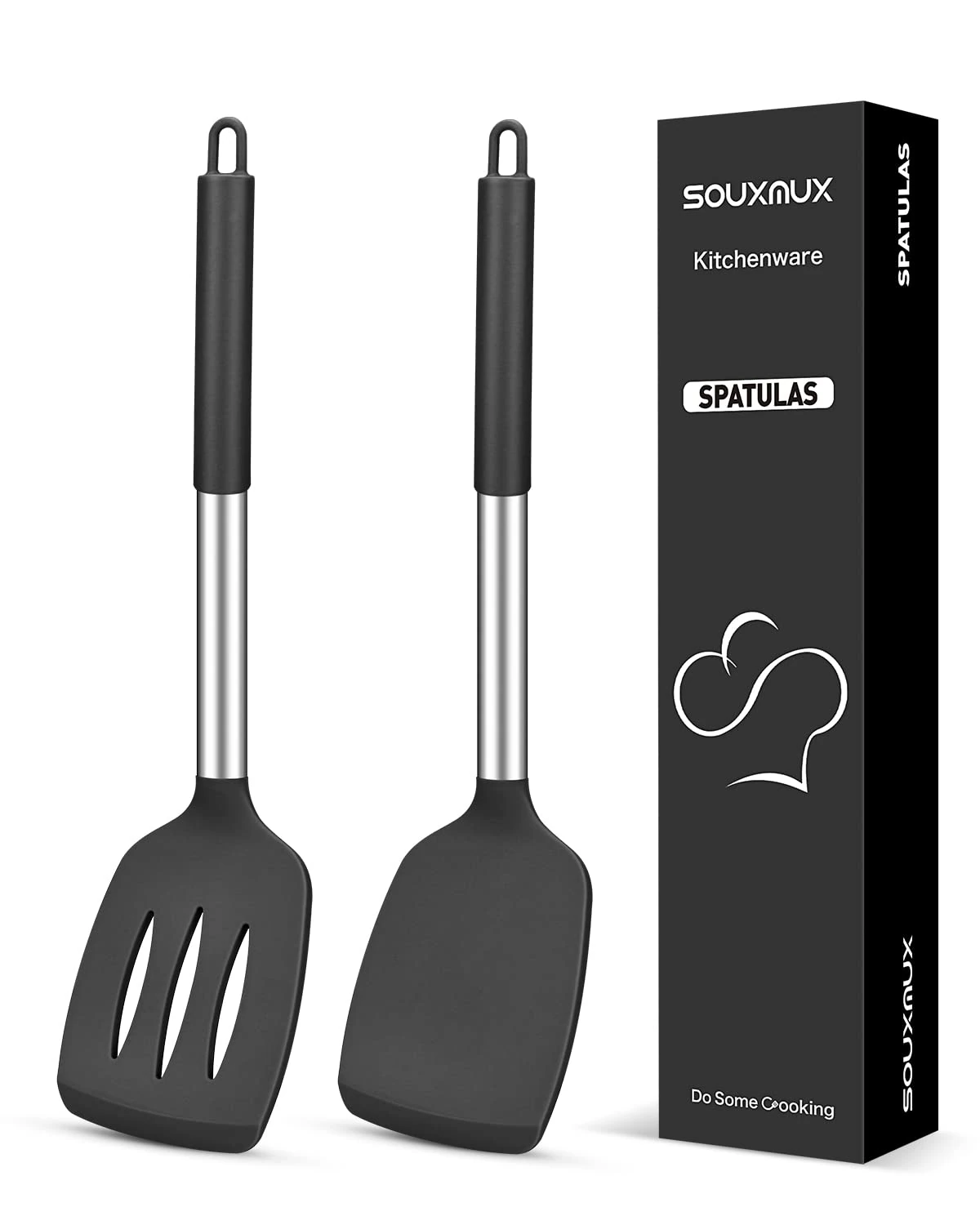 2 Pcs Silicone Spatulas Turners, Solid and Slotted Spatula Set, Non-Stick BPA Free High Heat Resistant Handy Kitchen Utensils for Cooking, Grill, Flipping Eggs, Fish, Pancake（Black）