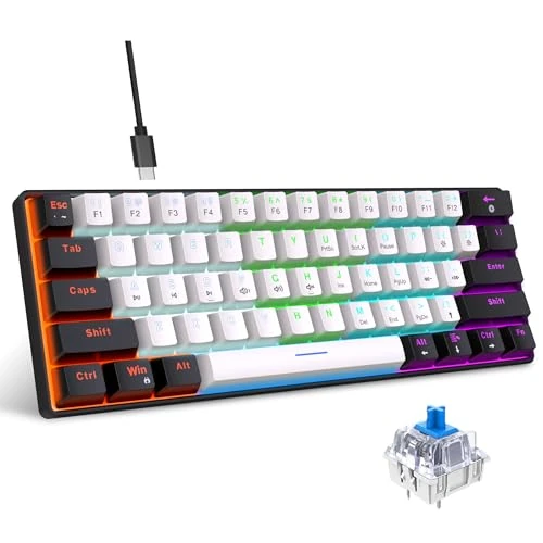 Snpurdiri 60% Wired Mechanical Gaming Keyboard, 61 Anti-Ghosting Keys, RGB Backlight, Ultra-Compact, Blue Switches, Two Stands, Black and White