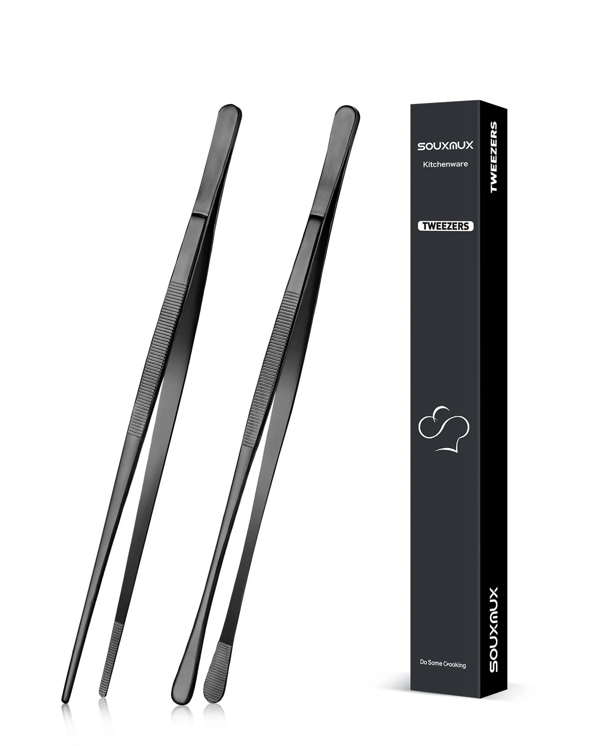 SouxMux 2 Pcs 25.5cm Cooking Tweezers Tongs Precision Serrated Tips, Stainless Steel Professional Chef Tweezer Kitchen Tools for BBQ, Plating and Serving (Black) (001)