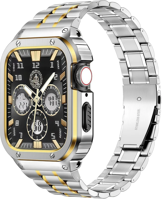MioHHR Stainless Steel Watch Band with Case Compatible for Apple Watch Bands 45 mm,Rugged Strap with Metal Protective Bumper Cover for iWatch Series 8/7 for Men(Silver/Gold) - Image 1
