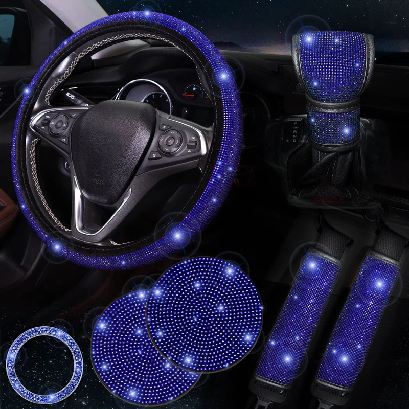 ToBeQueen Bling Pink Steering Wheel Cover Set Bling Car Accessories Set,Steering Wheel Cover Fit 15Inch, Sparkling Shoulder Pad, Rhinestone Gear Shift Cover and Cup Holder, 7 Pack, Blue - Image 1