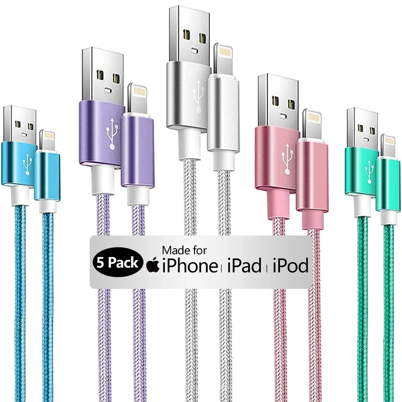 iPhone Charger Cable, 5Pack 1/2/3M iPhone Charger MFi Certified Lightning Cable Nylon Braided Fast Charging Cable Compatible with iPhone 14 13 12 11 Xs Max XR X 8 7 6s Plus, iPad, iPod, AirPods