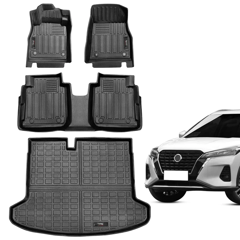 Yonugli Floor Mats 2 Row and Trunk Cargo Liner Set Black Compatible for 2018-2022 2023 Nissan Kicks All Weather Rubber Protection Mat
