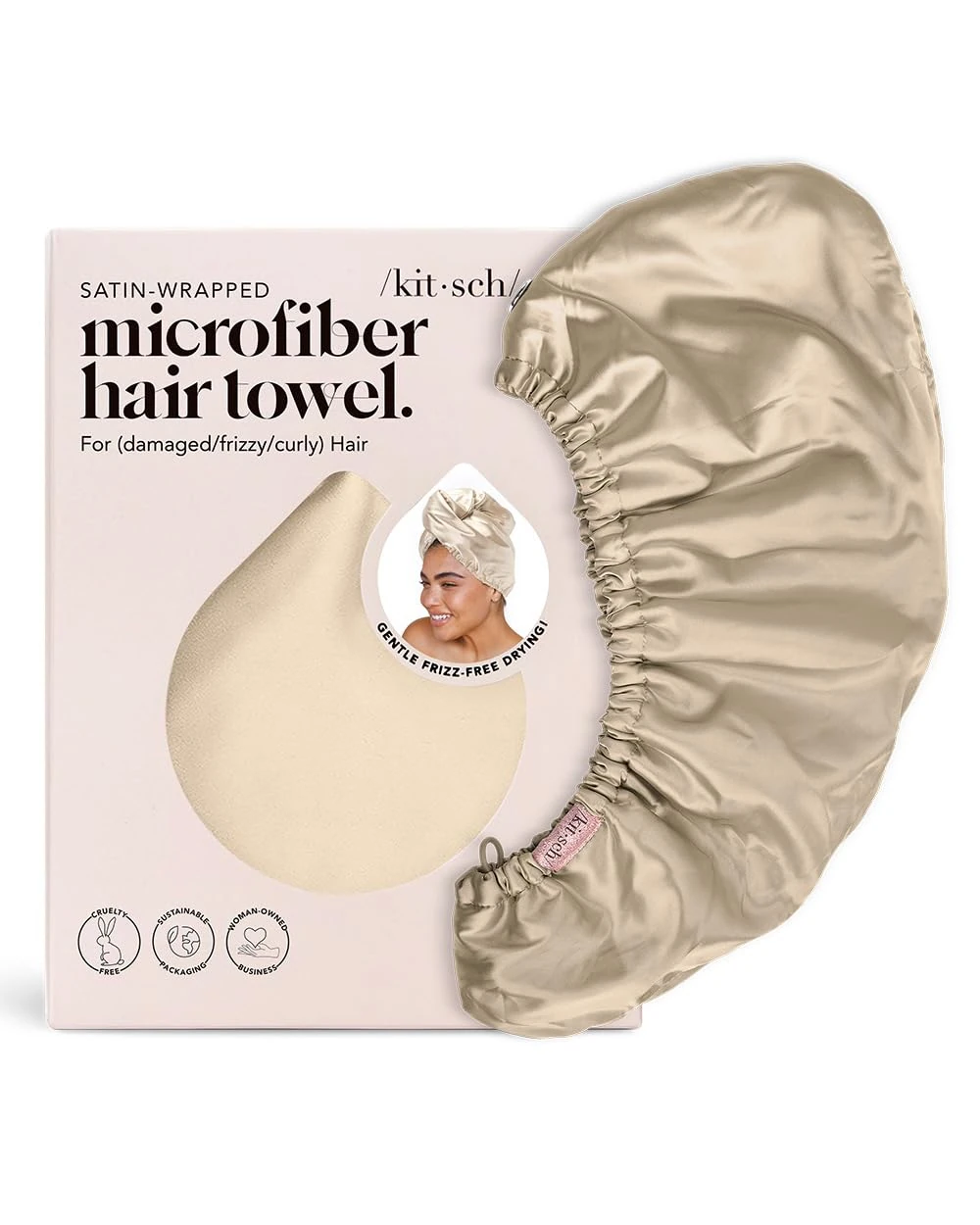 Kitsch Satin Wrapped Microfiber Hair Towel - Fast Dry Curly Hair Wraps for Women | Wet Hair Turban | Microfiber Hair Drying Towel -Champagne