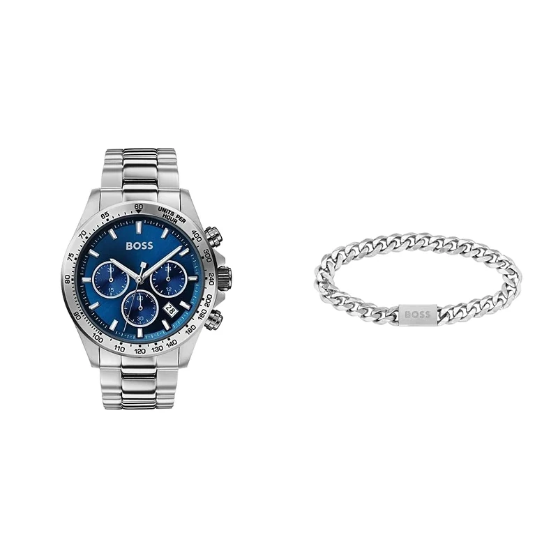 BOSS Watches and Jewelry Chronograph Watch and Stainless Steel Bracelet for Men