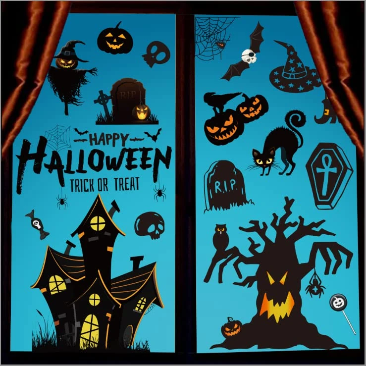 Fancy Daily Halloween Window Stickers Bats Spiders 169Pcs Halloween Window Decorations Reusable Double-Sided Window Cling Sticker for Halloween Party Indoor