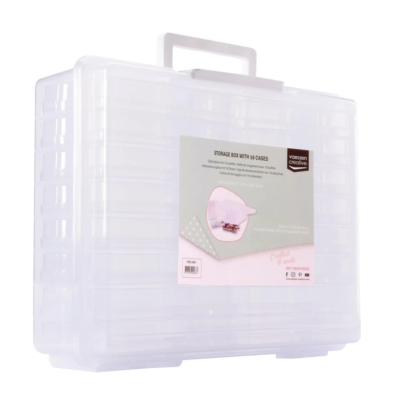 Vaessen Creative Photo Storage Box with Lid - 14.8 x 11.8 x 5.1" - 16 Cases of 6.7 x 4.7 x 1.3" - Clear Plastic Organiser for Sewing, Diamond Art, Small Accessories and Craft Supplies - Image 1
