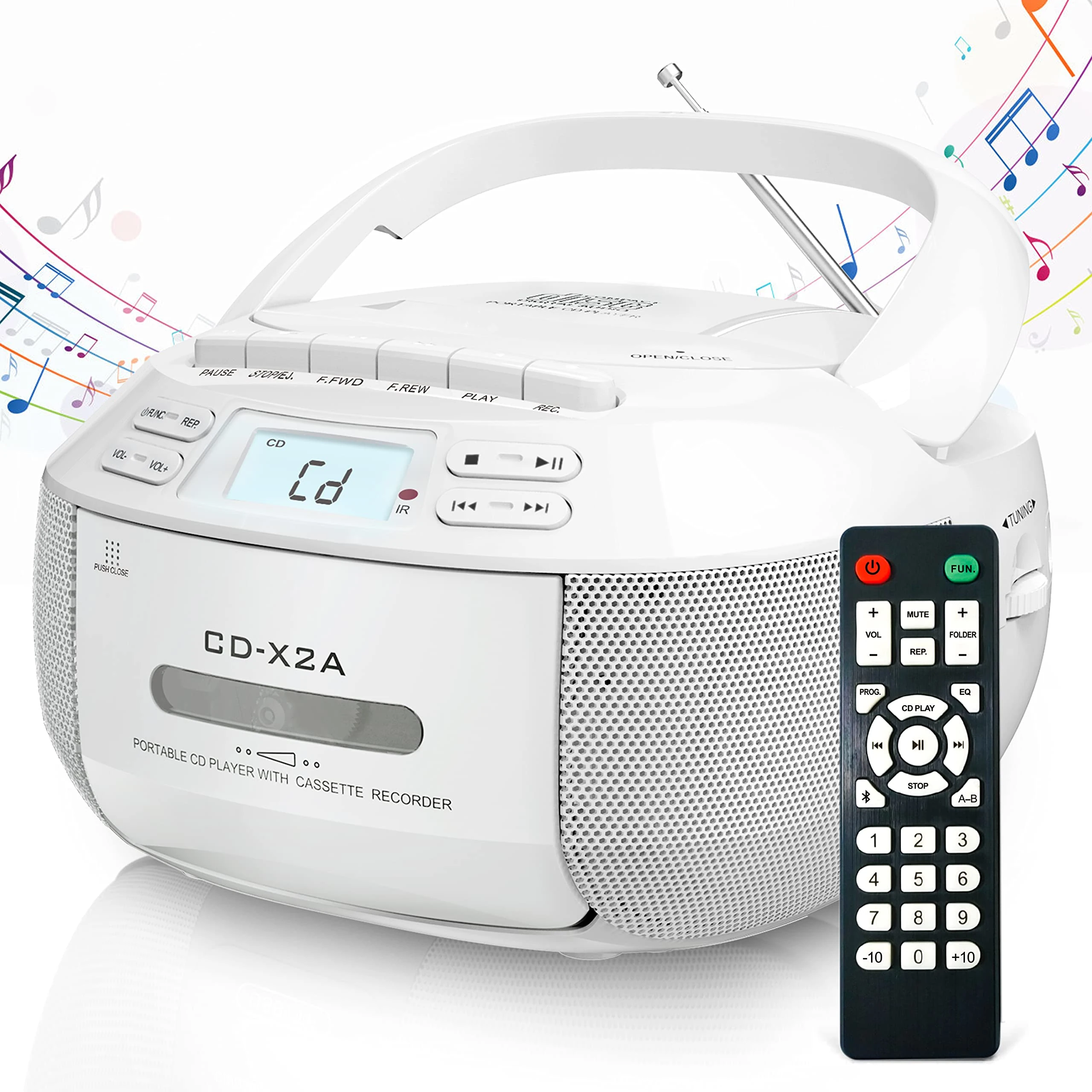 Greadio Portable CD Player, Boombox Cassette Player Combo with Bluetooth, FM Radio, USB/AUX Playback, Stereo Sound with Remote Control,Tape Recording, AC/DC Powered, Personal CD Players (Ivory)