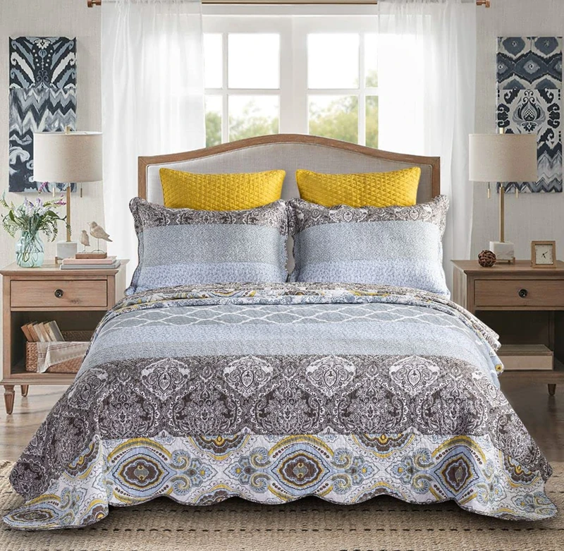 YAYIDAY Oversized Queen Quilt Set Patchwork Bedspread (110x118 Inch) - 100% Cotton Reversible Breathable Grey Quilted Coverlet with Pillow Shams Fit All Seasons