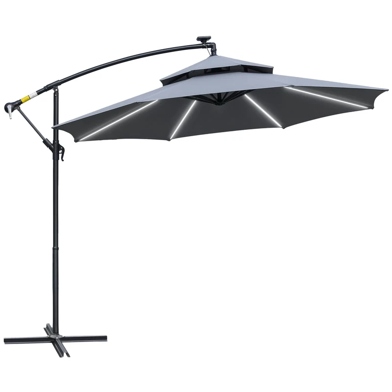 Outsunny 3(m) Cantilever Banana Parasol Hanging Umbrella with Double Roof, LED Solar lights, Crank, 8 Sturdy Ribs and Cross Base for Outdoor, Garden, Patio, Grey