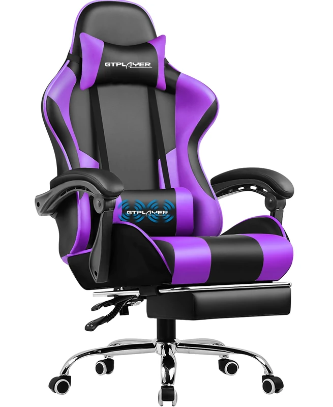 GTPLAYER Gaming Chair, Massage Computer Chairs with Footrest, Headrest and Lumbar Support Height Adjustable Ergonomic 360°-Swivel PC Chair Purple
