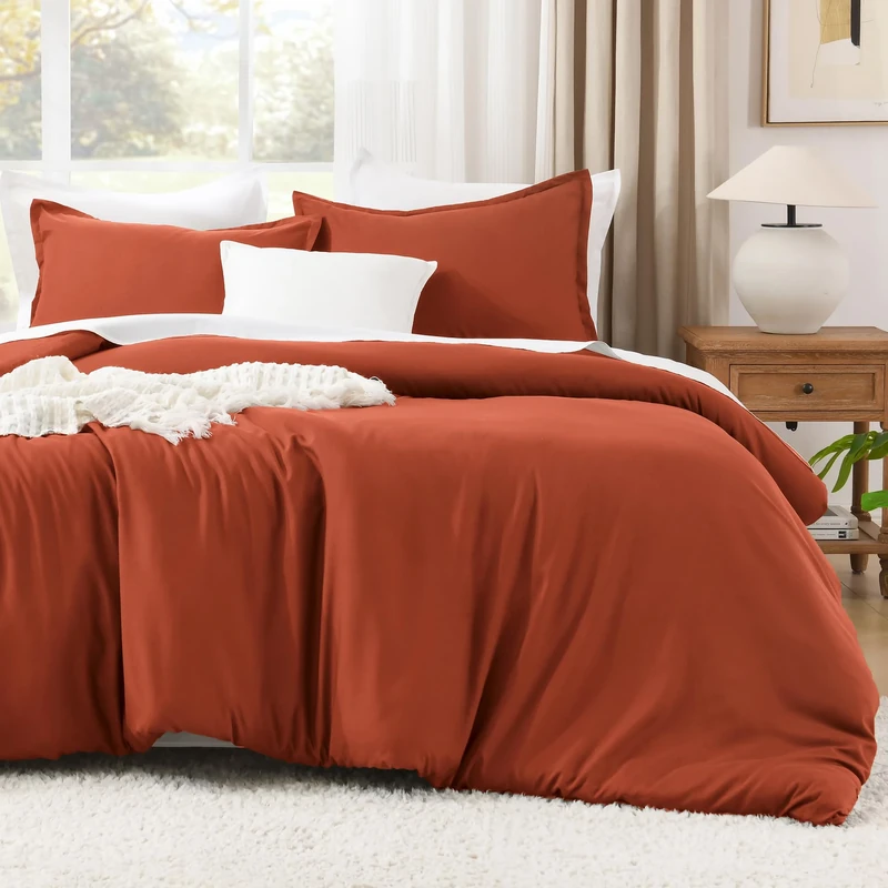 Litanika Burnt Orange Full Bed Comforter Set, 3 Pieces Terracotta Boho Lightweight Solid Bedding Comforter Set, All Season Fluffy Bed Set (79x90In Comforter & 2 Pillowcases)