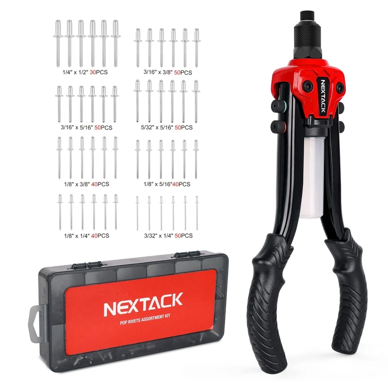 NEXTACK 13 Inch Pop Rivet Gun with 350pcs Assorted Rivets Kit, 1/4" Capacity Heavy Duty Hand Riveter Tool with Detachable Container & 5 Nosepieces for Metal, Gutter & Automotive NT300