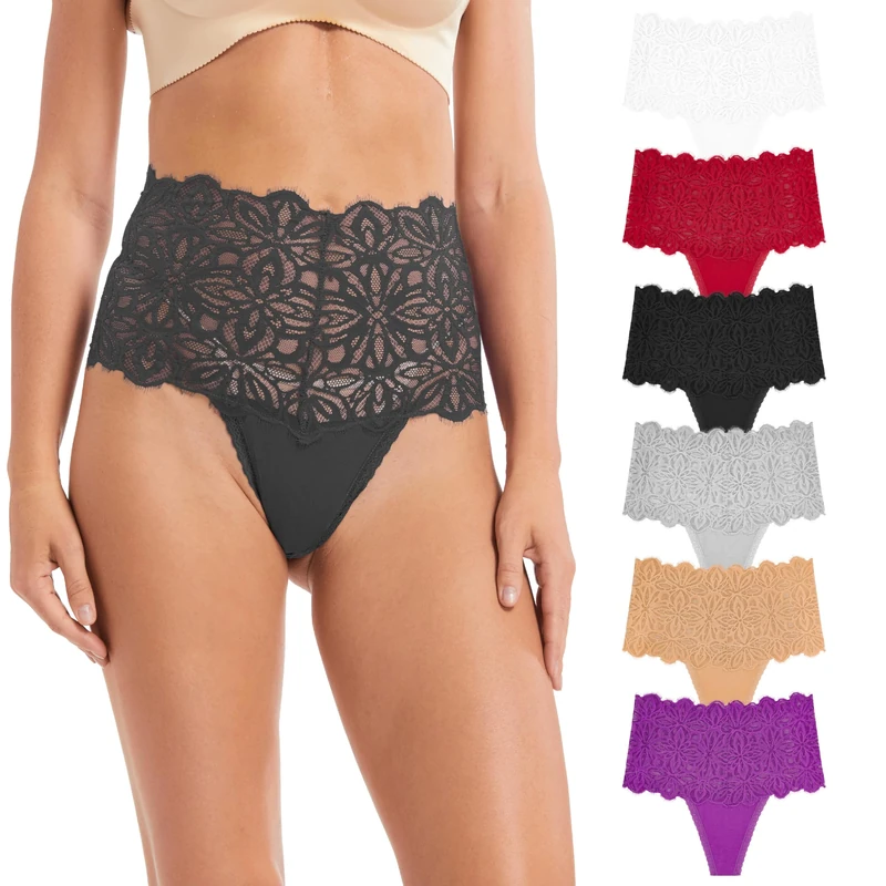 Umiehary High Waist T Back Lace Fashion & Retro Thick Band Women Thongs with Multiple Colors Plus Size, 6 Pieces High Waist Thongs, M