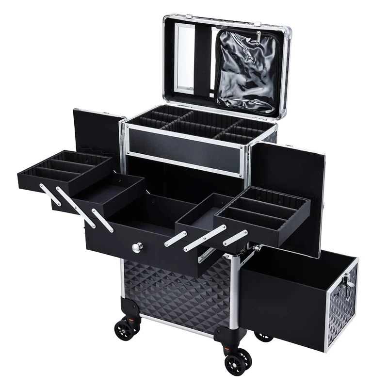 Adazzo Professional Makeup Artist Rolling Train Case Multi-Functional Cosmetic Train Case Large Trolley Storage Case for Nail Technicians Cosmetology Case for Hairstylist, Black, Rolling Makeup Case