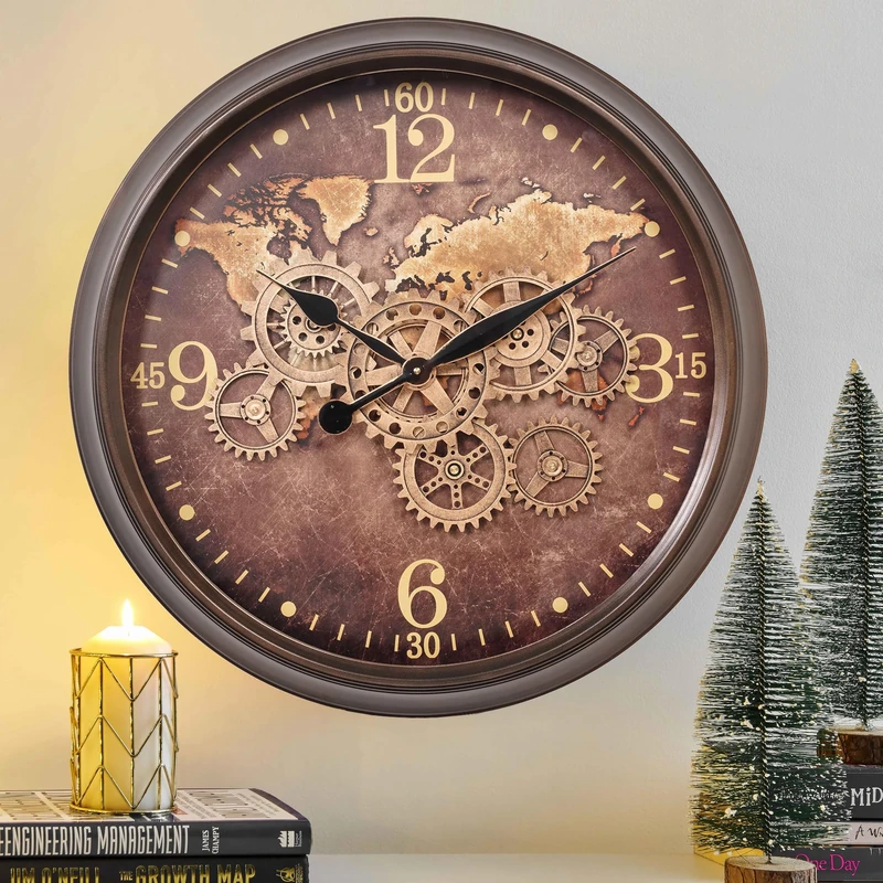 CLXEAST 24 Inch Large Wall Clock with Moving Gears, Industrial Clocks with World Map Dial, Oversized Cool Wall Clock for Living Room Decor,Oil Rubbed Bronze Brown