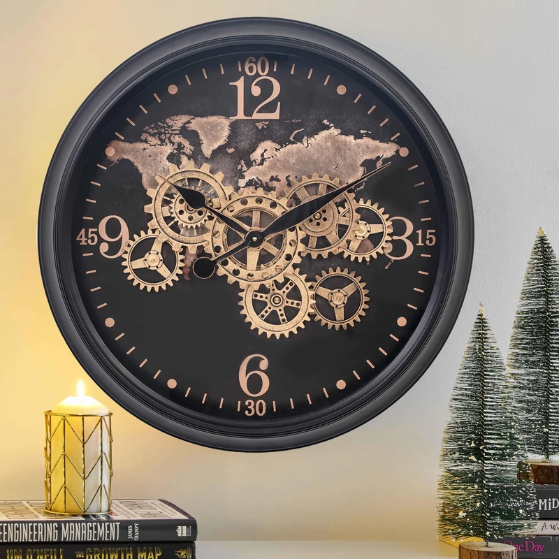 CLXEAST 24 Inch Moving Gear Wall Clock with World Map,Large Black Gold Metal Wall Clock for Modern Farmhouse Living Room Decor, Unique Wall Art Decor Clock,Reloj De Pared para Sala