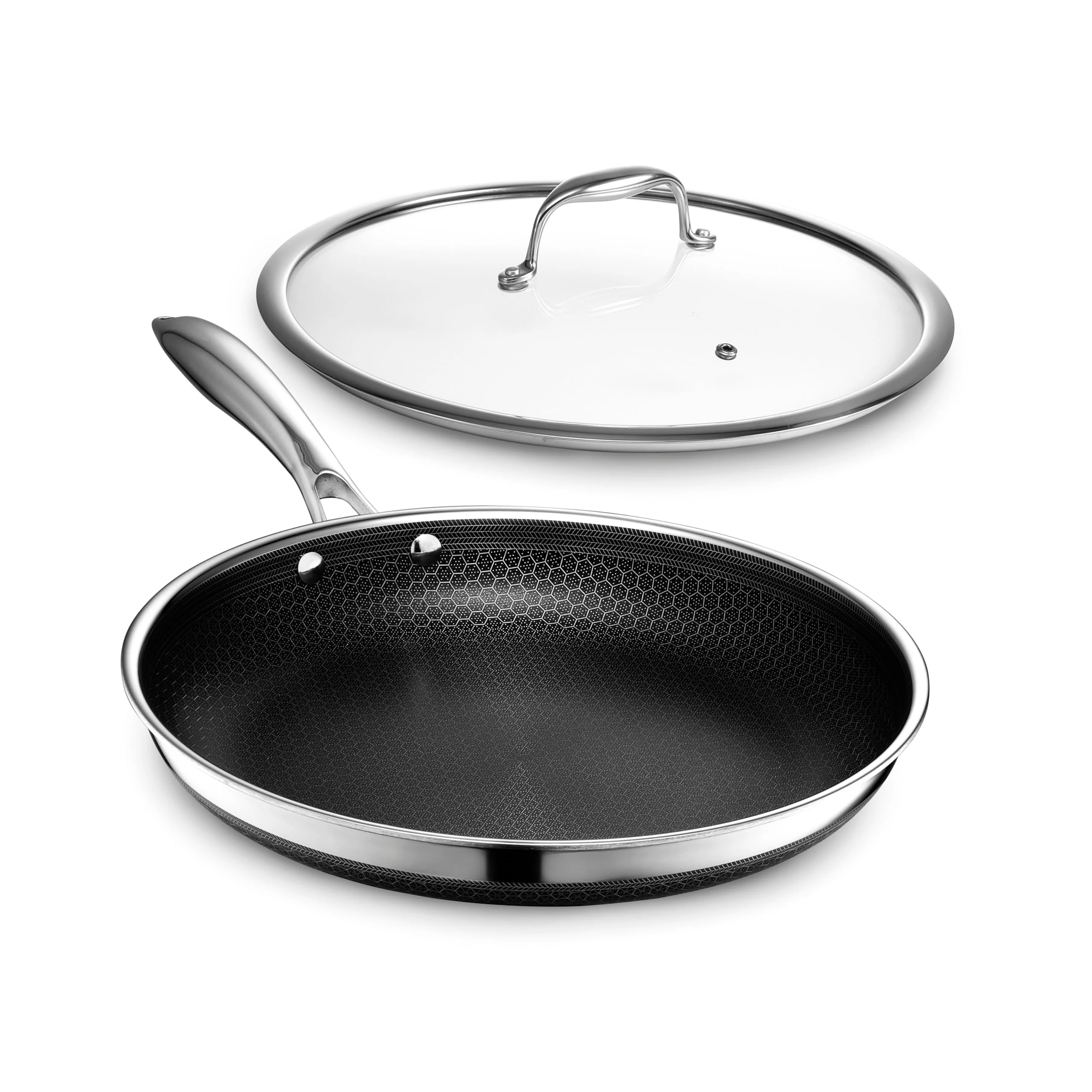 HexClad Hybrid Nonstick 30 cm Frying Pan with Tempered Glass Lid, Stay-Cool Handle, Dishwasher and Oven Safe, Compatible with All Cooktops