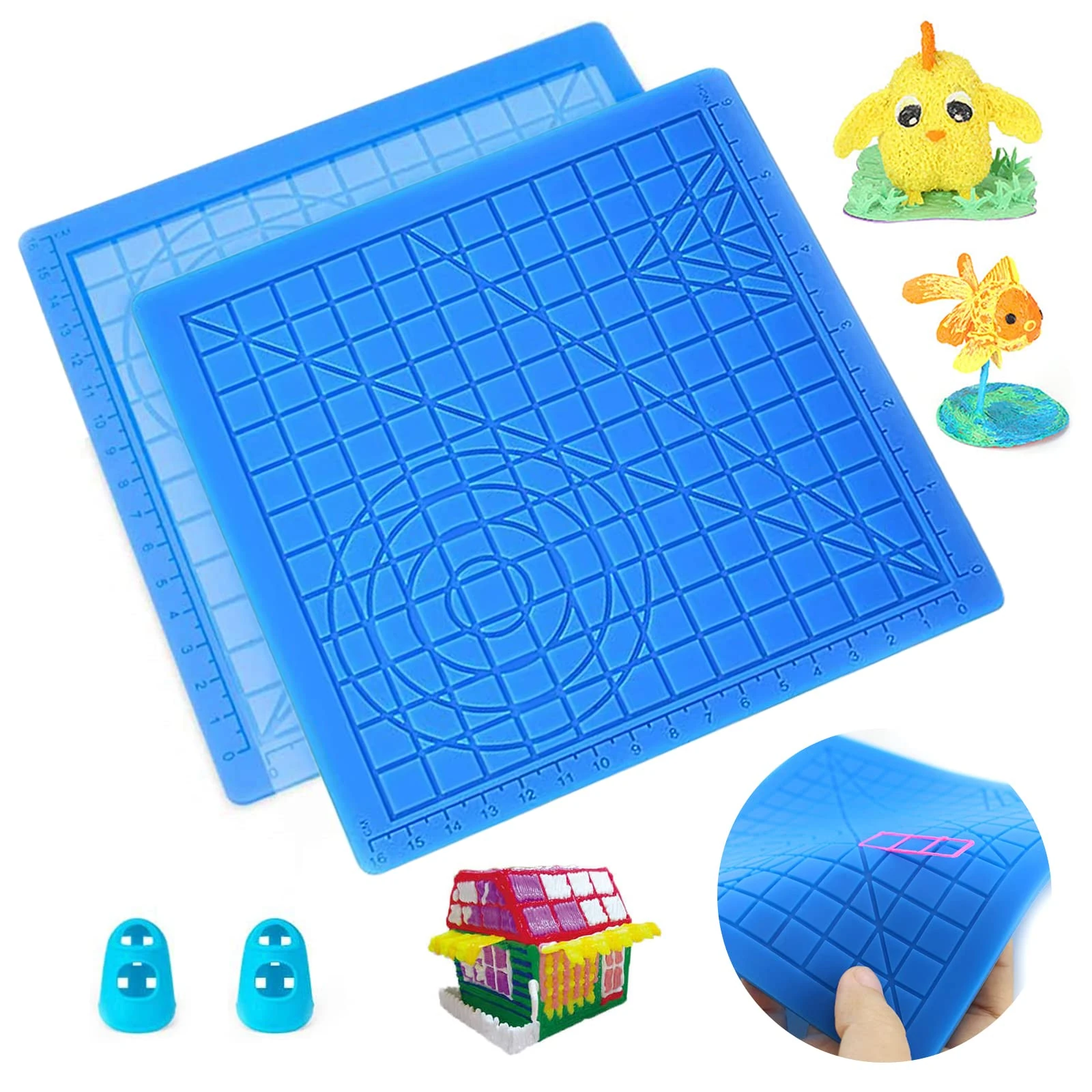3D Printing Pen Mat with Basic Template,Heat Resistant Drawing Board with 2 Finger Caps,Design Template,Arts and Crafts,Double Sided,Great 3D Pen Drawing Tools