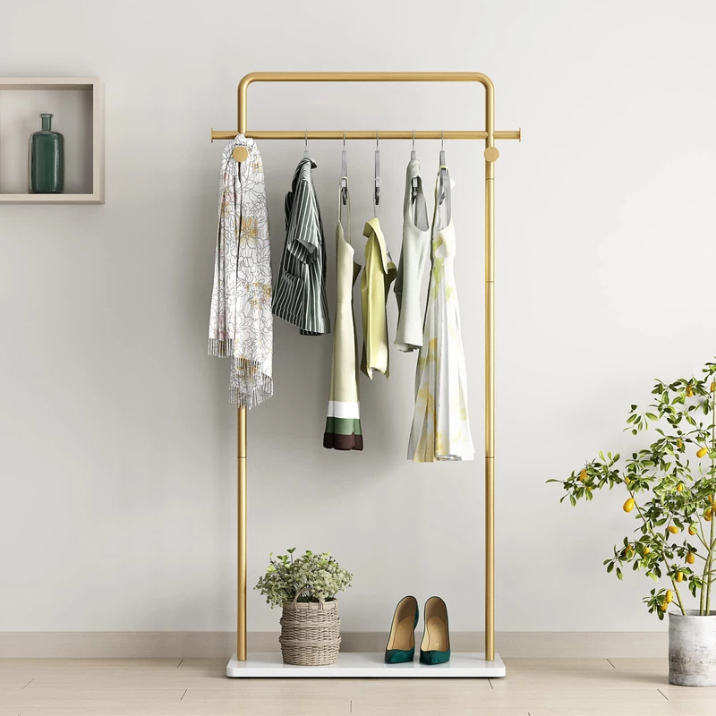 TIEOU Gold Clothes Rack With Shelf, Clothing Racks for Boutiques, Free-Standing Garment Rack for Hanging Clothes, Small Metal Coat Rack Heavy Duty, Industrial Clothing Rack