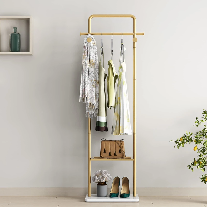 TIEOU Gold Clothes Rack With Shelf, Clothing Racks for Boutiques, Free-Standing Garment Rack for Hanging Clothes, Small Metal Coat Rack Heavy Duty, Industrial Clothing Rack