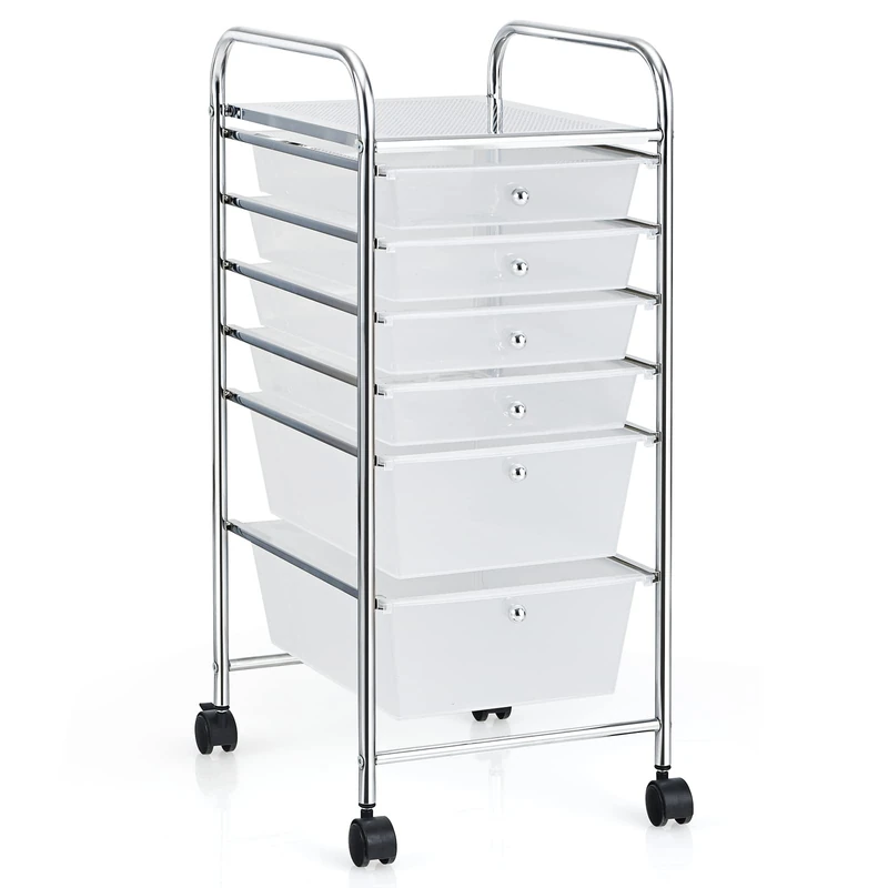 GiantexUK 4/6/12 Drawers Storage Trolley, Multipurpose Utility Rolling Cart on Wheels, Plastic Shelving Organizer Unit for Home Office Hairdressing Salon (6 Drawers, Transparent)