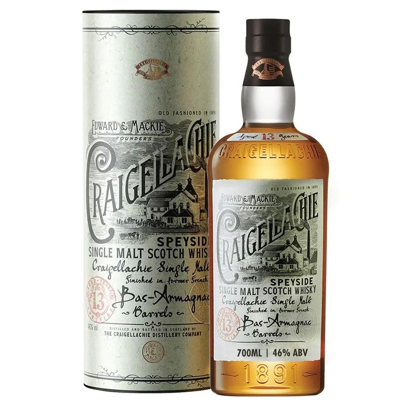 CRAIGELLACHIE 13 Year Old Speyside Single Malt Scotch Whisky, 46% ABV, 70cl, with Gift Tube, Armagnac Cask Finish, Aged in Bas-Armagnac Casks, 700ml