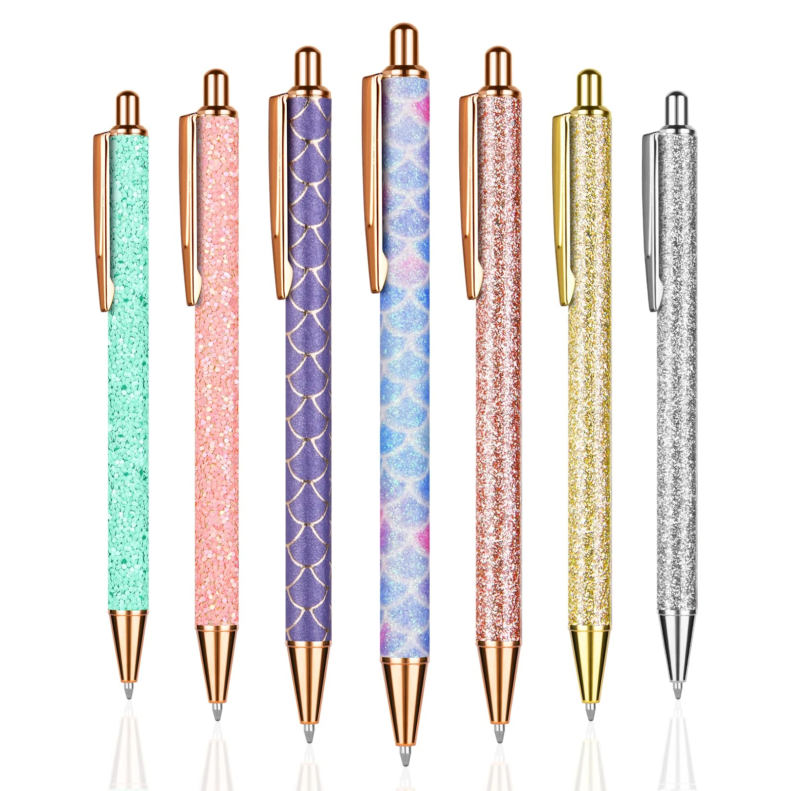 OSDUE Ballpoint Pens, 7PCS Retractable Metal Pen with Ballpoint Pens Shiny and Elegant for School Office Supplies, 1 mm