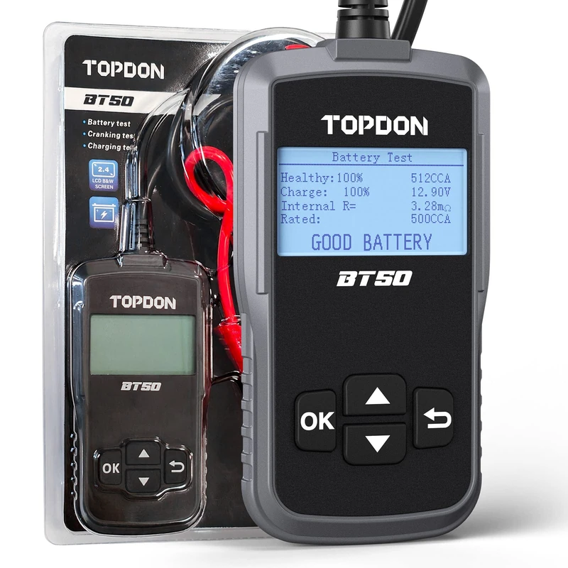 Testeur de batterie kfz topdon bt50 testeur de batterie de voiture 12V avec test d'état de la batterie test de démarrage 100-2000 CCA auto Moto Yacht test de charge
