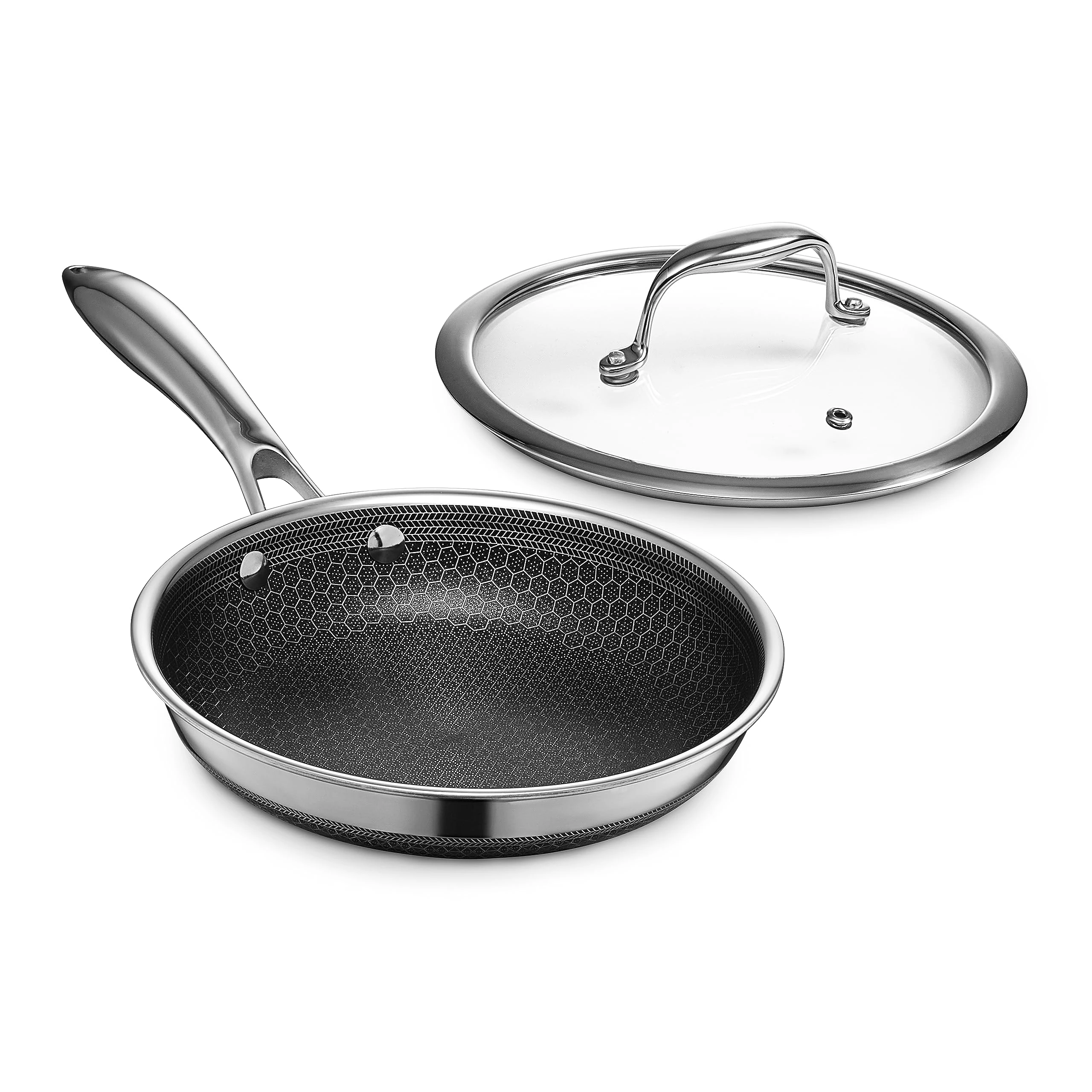 HexClad Hybrid Nonstick 20 cm Frying Pan with Tempered Glass Lid, Stay-Cool Handle, Dishwasher and Oven Safe, Induction Ready, Compatible with All Cooktops