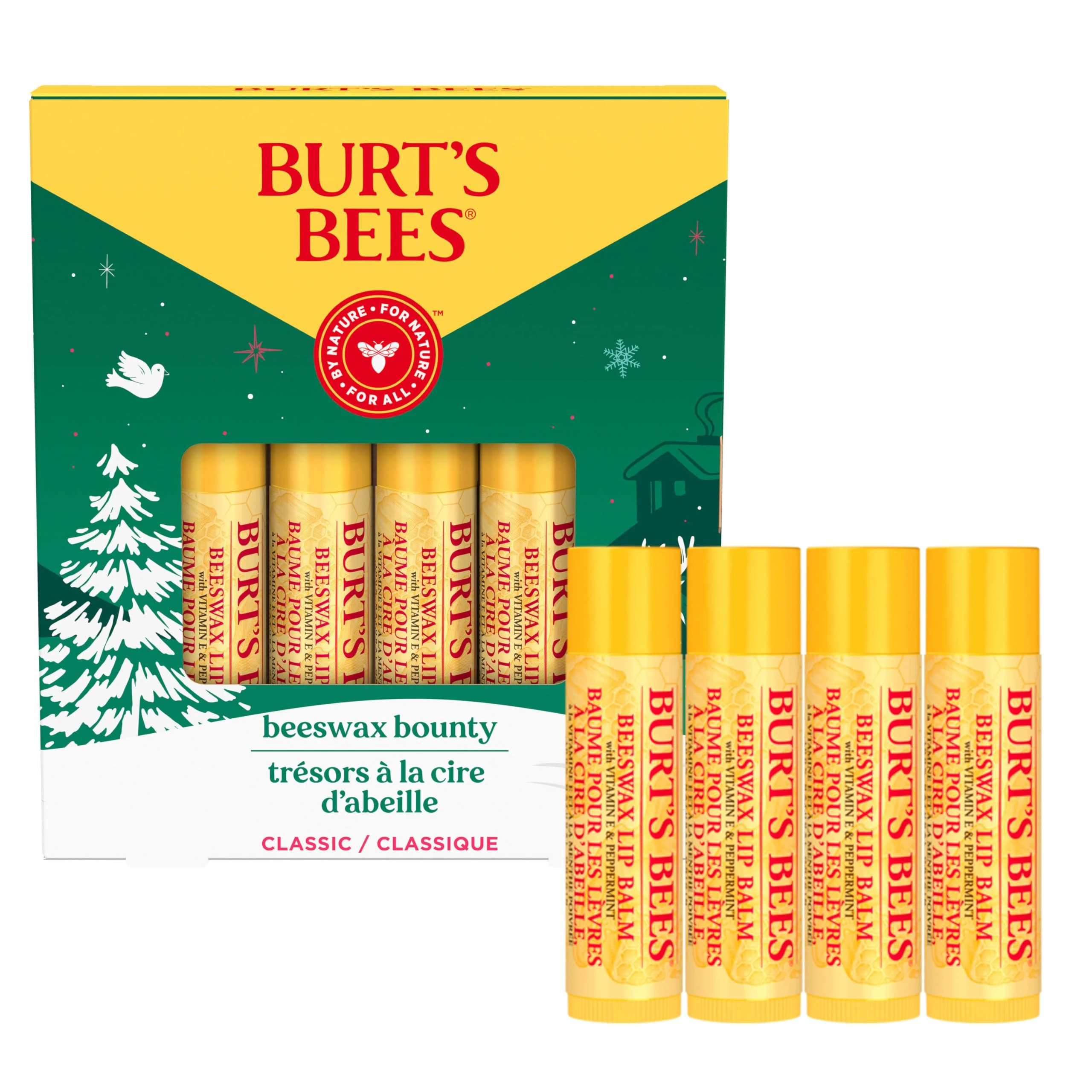 Burt's Bees Christmas Lip Balm Gift Set, Moisturising Lip Balm Multipack with Beeswax and Vitamin E, Classic Bounty, 4x4.25g