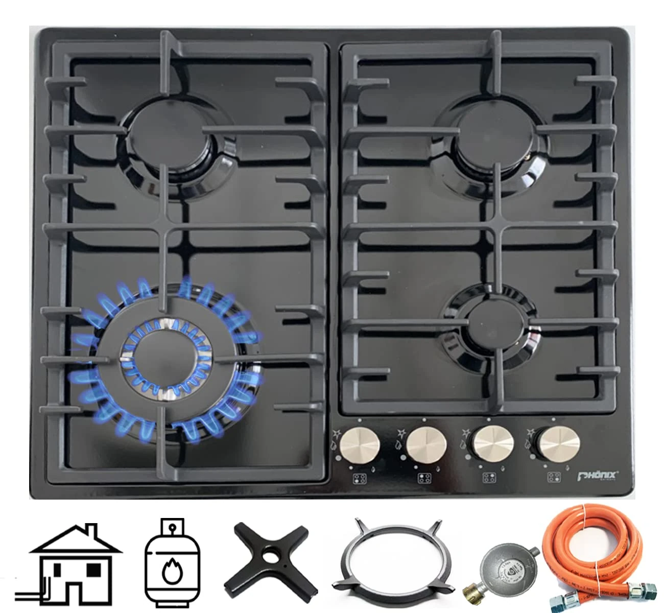 Phönix Germany PE-603T Built-In Gas Cooker 4 Bulbs Built-In Hob Black Enamelled Propane / Natural Gas Includes Cast Wok Attachment and Accessories,PE-603T+Set