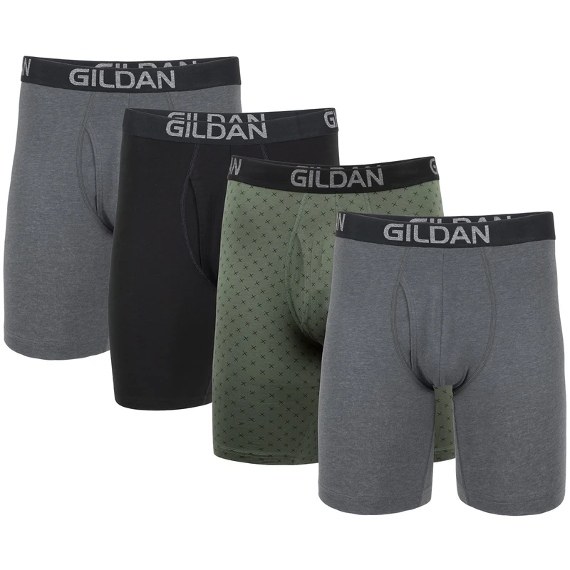 Gildan Men's Underwear Cotton Stretch Boxer Briefs, Multipack, Heather Dark Grey/Green Midnight/Blk (4-pack), XXL