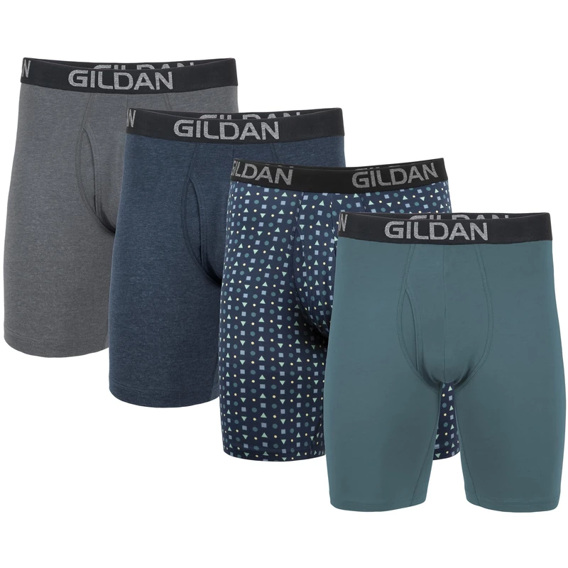 Gildan Men's Cotton Stretch Boxer Briefs, Multipack, Hthr Dark Grey/Hthr Navy/Shapes/Blue (4-Pack), 2X-Large