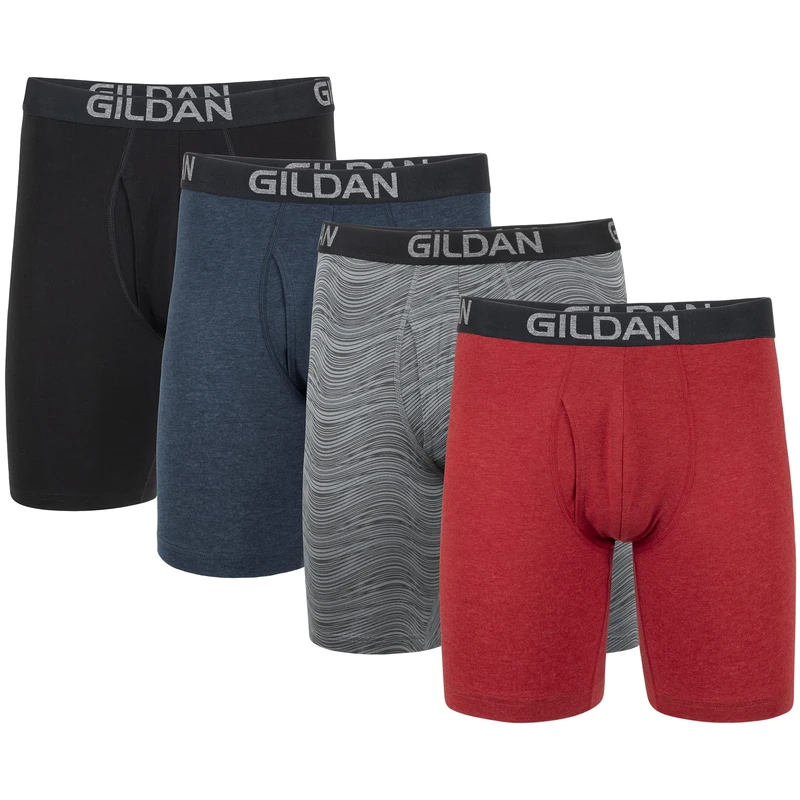Gildan Mens Cotton Stretch Boxer Briefs, Multipack, Blk/Heather Navy/Stripe/Heather Red (4-pack), L