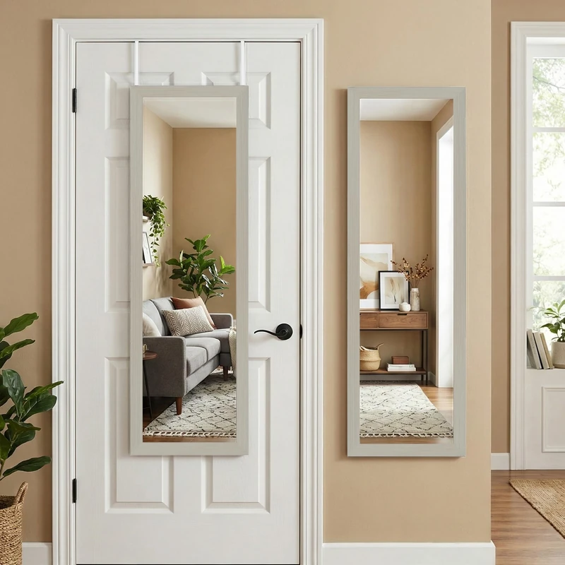 Americanflat Over the Door Mirror Full Length in Light Wood - Full Body Mirror for Bedroom, Bathroom, Dorm - Full Length Mirror with Hanger and Shatter-Resistant Glass - 38x130 cm