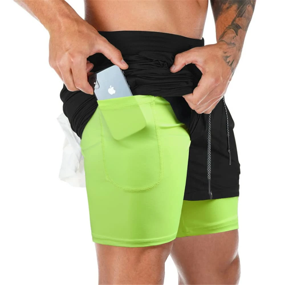 Superora Mens Running Gym 2 in 1 Sports Shorts Breathable Outdoor Workout Training Shorts with Pockets Black/Green