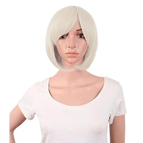 MapofBeauty 12 Inch/30 cm Short Bob Straight Side Bangs Synthetic Fiber Heat Resistant Hair Party Cosplay Wig (Platinum Blonde)